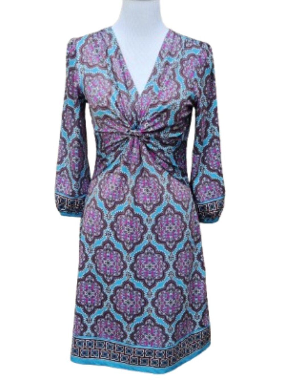 ICE Geo-Print Multicolor Dress Stretch Purple Blue V-Neck 3/4 Sleeves
